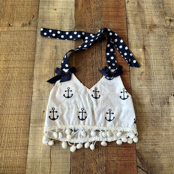 Nautical Anchor Print Toddler Halter Top With Polka Dot Straps & Pom-Pom Trim - Picture 1 of 7